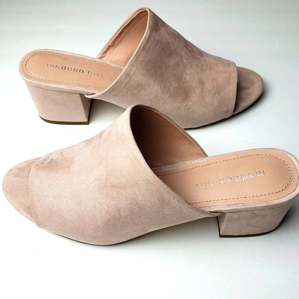 Madden Girl Blush Suede Open Toe Slide On Heels